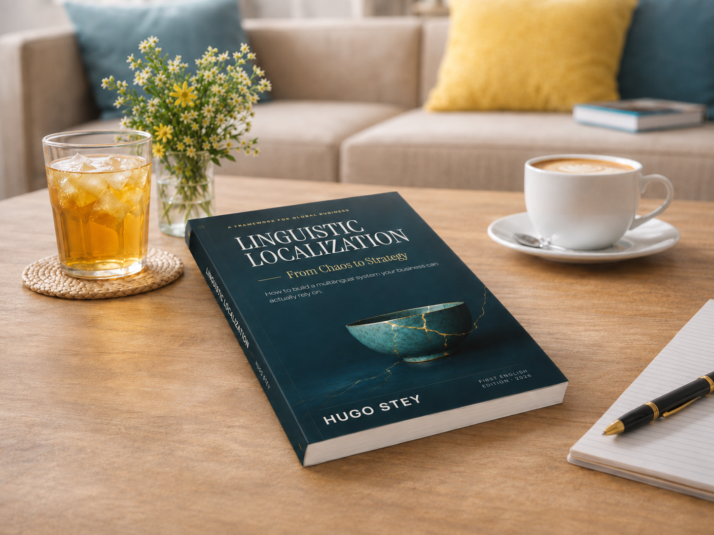 Localization book placed on a table beside a drink and a notebook.