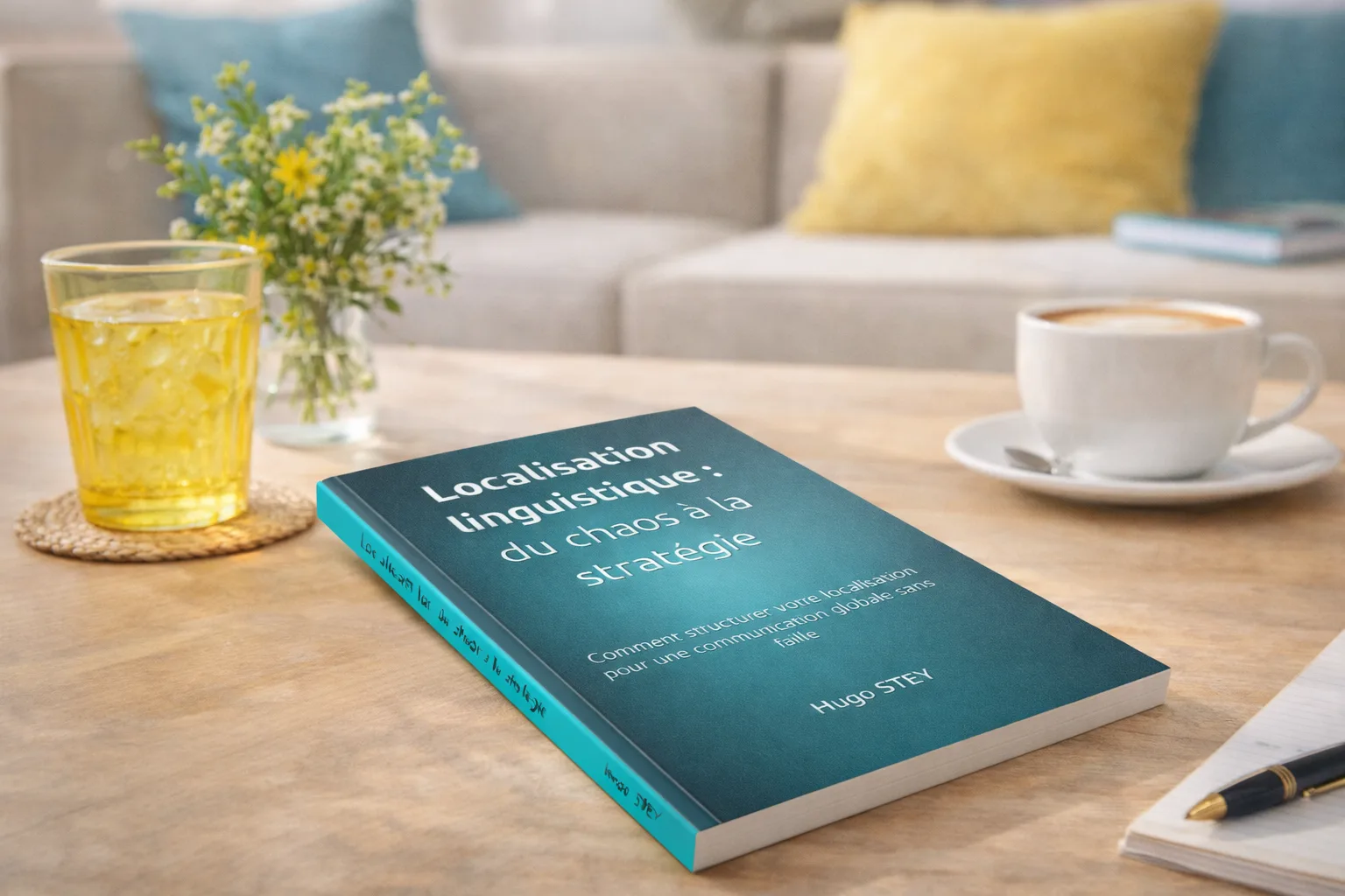 Livre Localisation linguistique posé sur une table avec un verre, un café et un carnet.