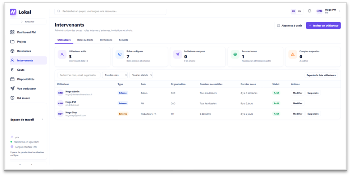 Interface Lokal de gestion des utilisateurs et des rôles